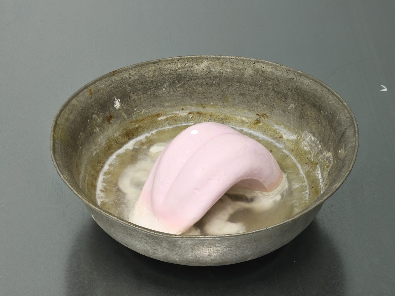 a steel bowl with a ceramic light pink tounge sticking up from the bottom of the bowl.