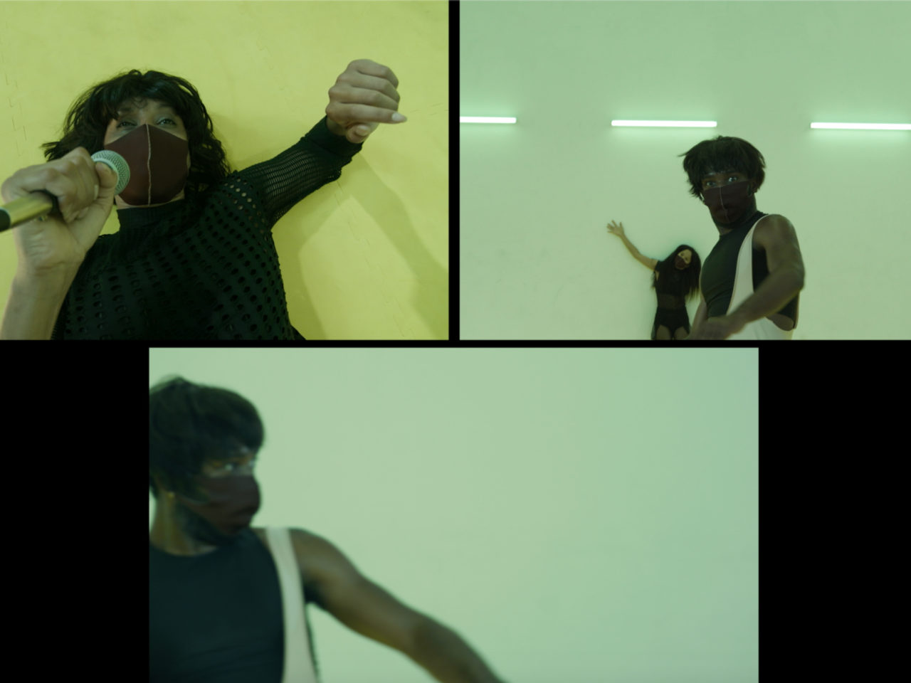 A film still edited into three scenes, one with a person lying down with a mic and the other 2 showing another person from different angles.