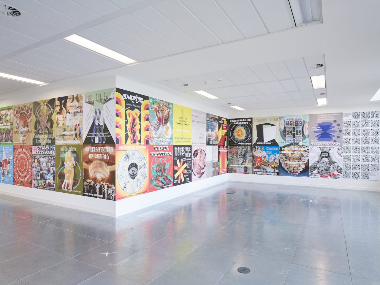 Thirty-two square posters mounted upon three adjoined walls