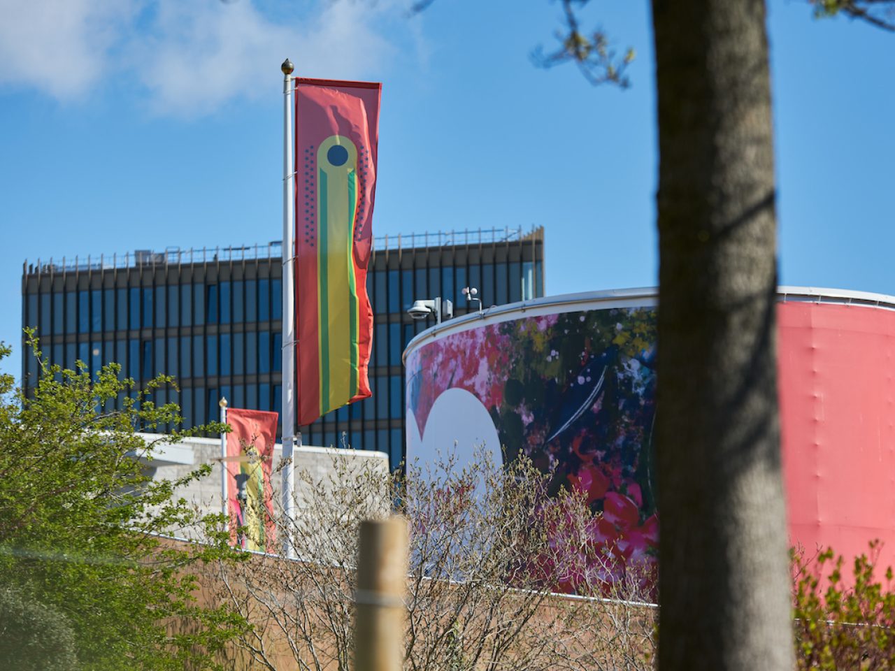A flag designed by the artist, designed based on the colours of the african flag. The flag long and moving in the wind at Liverpool ONE.