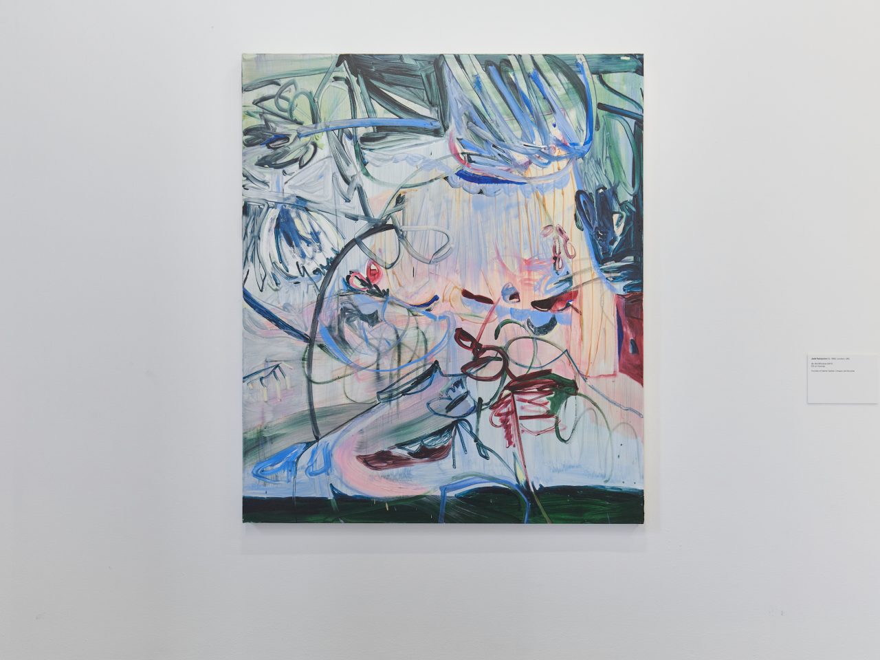 An abstract painting with various sized brush marks through out, the colours used a mainly different shades of green and blue with hints of dark red.