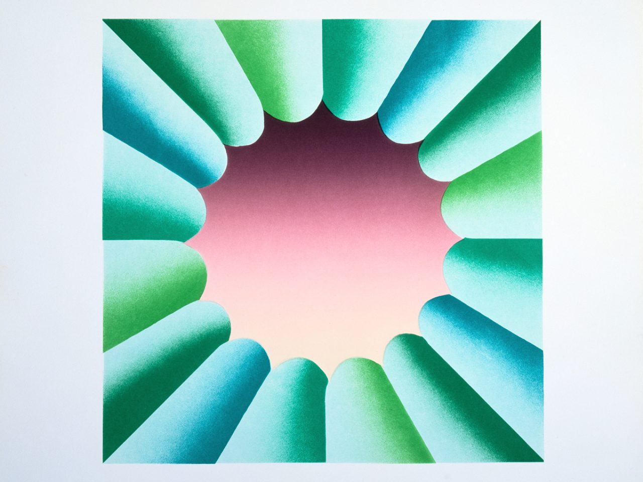 An abstract depiction of a flower with an obre purple to white centre and different shades of green obre petals.