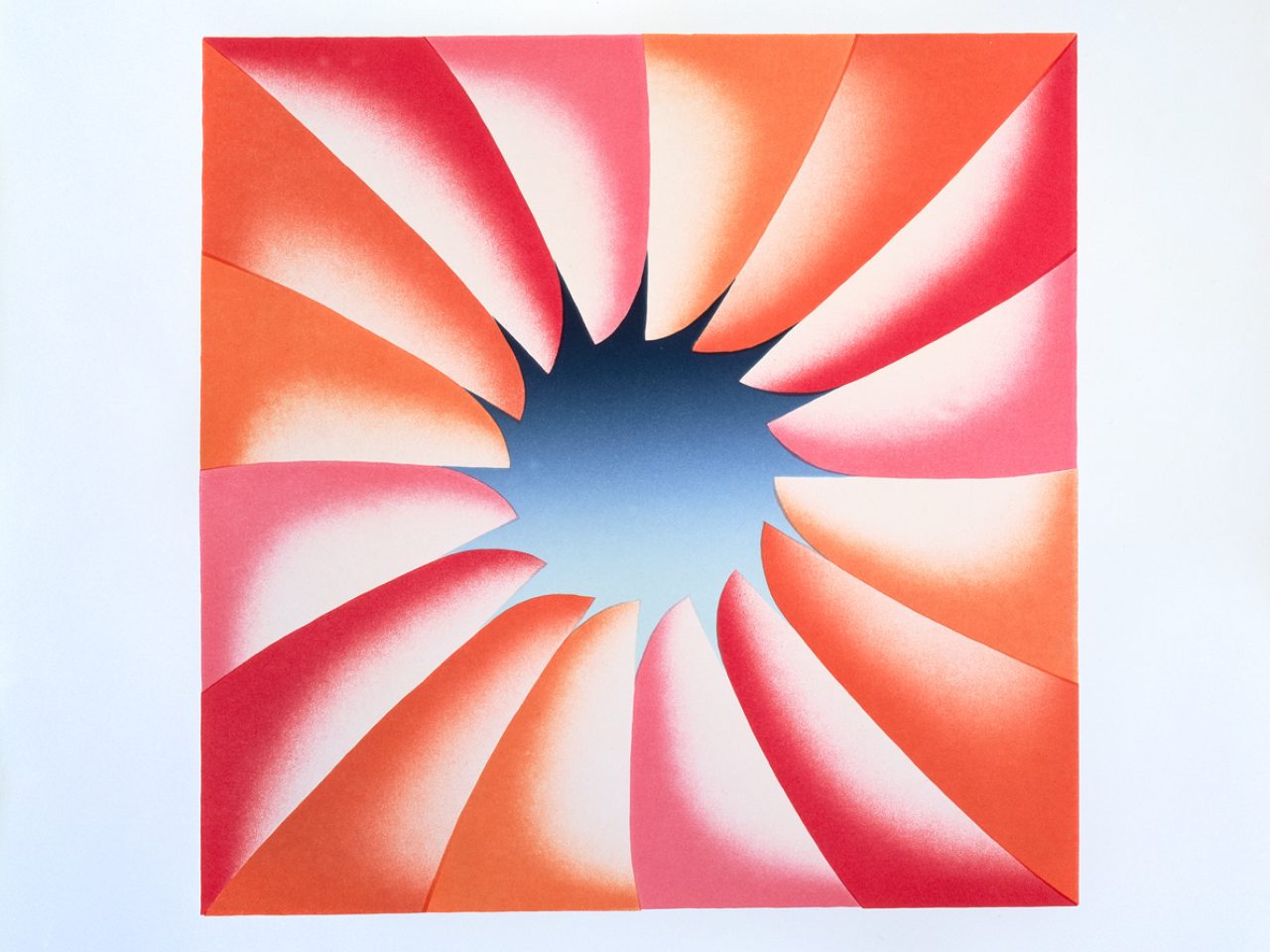 An abstract depiction of a flower with an obre blue to white centre, with pink, red and orange obre pointed petals.