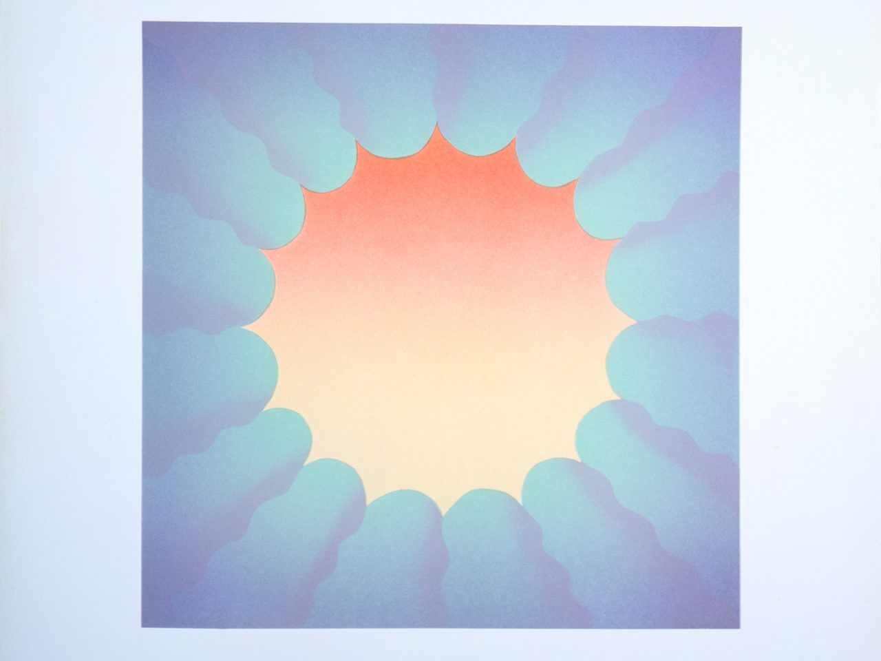 An abstract depiction of a flower with an obre orange to white centre and obre baby blue to lilac wavy petals.