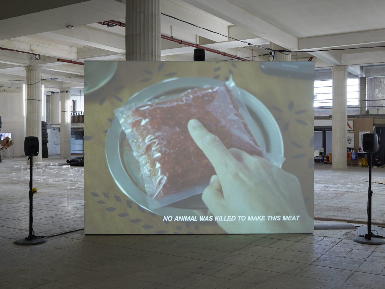 A free standing projector screen with a film still of someone pointing to plastic packaged meat and white text reading, 'No animal was killed to make this meat'.