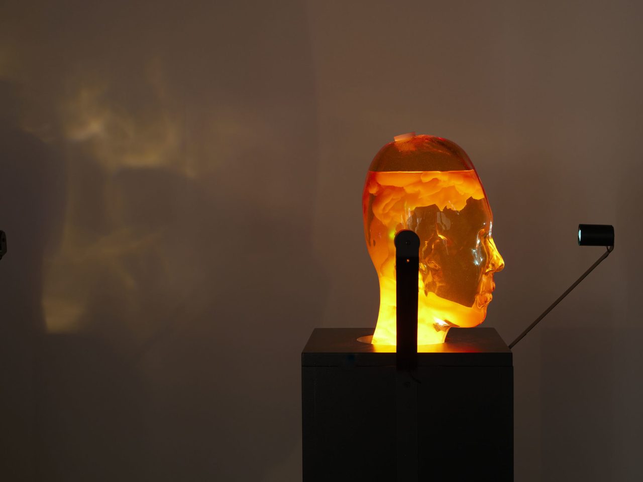 A glass sculpture, in the shape of the artist’s head, are filled with blobs of orange liquid, making the head into a lava lamp.