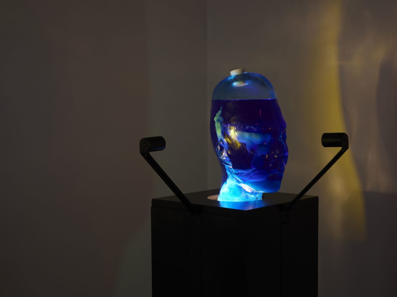 A glass sculpture, in the shape of the artist’s head, are filled with blobs of blue liquid, making the head into a lava lamp.