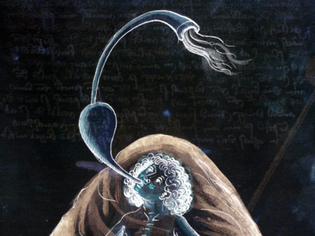 An inverted image of an illustration, it shows a person blowing into a horn.
