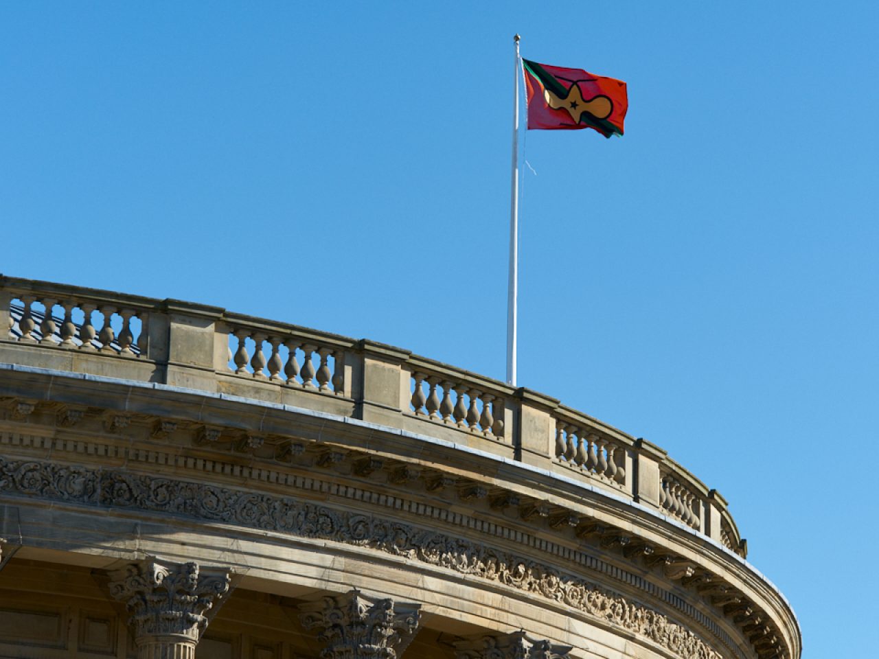 A red flag with diagonal green and black stripes and an abstract yellow shape in the middle, standing on top of Picton Reading Room Dome.