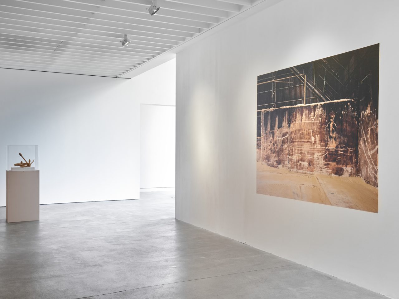 a large vinyl sticker in a white gallery space, the photograph shows of the inside of a sugar factory.